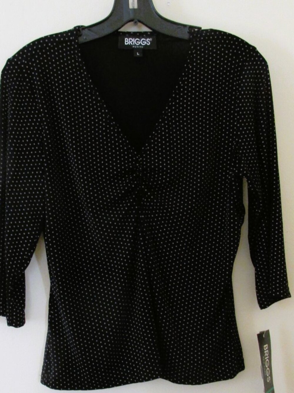Briggs~woman's blouse~size L petite~black purple pock-dots pattern~stretch~new